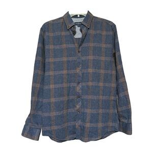 Rue Saint Patrick Men’s Plaid Button Up Shirt Long Sleeve Blue Brown Size S